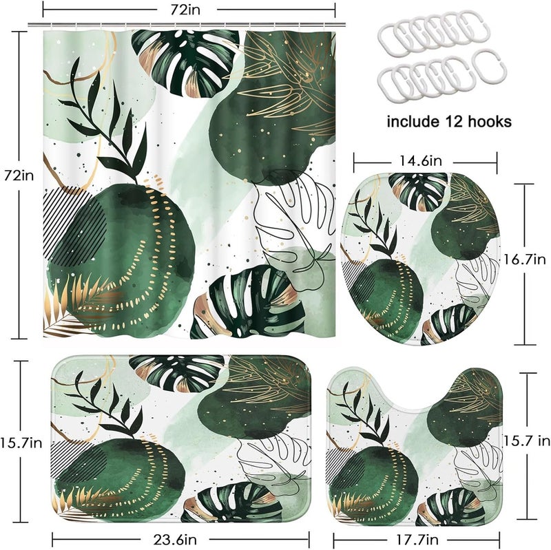 Tayney Sage Green Boho Shower Curtain Set with Toilet Lid Cover and Non-Slip Rugs, Mid Century Plant Abstract Olive 4 Pcs Modern Shower Curtain for Bathroom Set with 12 Hooks - Image 2